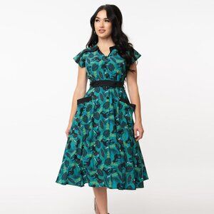 Jurassic Park x Unique Vintage T-Rex Dinosaur Tropical Retro Hedda Swing Dress